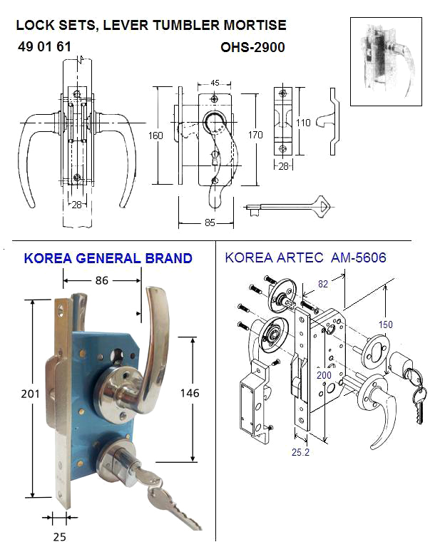 IMPA 490163 LEVER TUMBLER MORTISE LOCK FOR SLIDING DOOR OHS2910